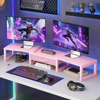 Desk Organizers and Accessories, Dual Monitor Stand Riser with Drawer, Computer Monitor Stand, Adjustable Desk Shelf for PC Laptop Printer TV, Pink - Image 7