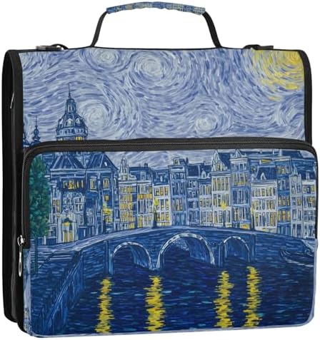 3-Ring Zipper Binder with Shoulder Strap Zip-Up Expanding File Folder Organizer Storage Fireproof Accordion Trapper Keeper Home School Office Three Butterfly (Skyline Canals Bridges Swirling) by senya