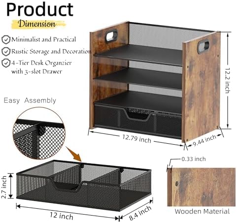 Desk Organizer - 4 Tier Desktop File Organizer with Drawer, Wooden Paper Tray Organizer, Office Desk Accessories Organizer for Papers, Mail, Notebooks, Stationery - Image 3