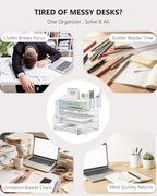 WALI Desk File Organizer, 6 Tier Desktop Paper Letter Tray Organizer with Drawer and 2 Pen Holders, Office Desk Accessories & Workspace Organizers for Office, Home Supplies(DO007DH-W), 1 Pack, White - Image 2