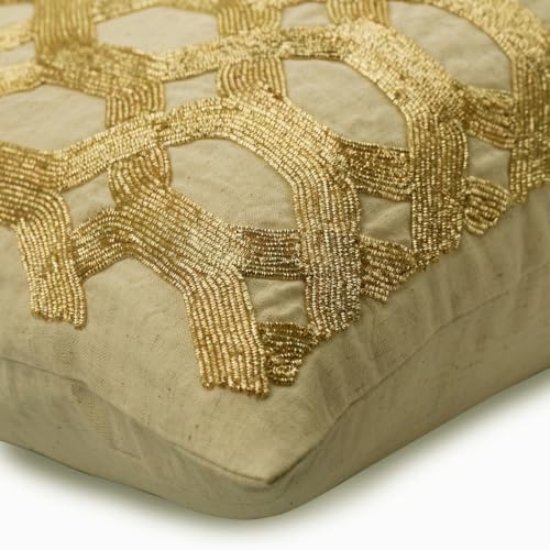 The HomeCentric Decorative Beige & Gold 12"x26" (30x65 cm) Lumbar Pillow Covers, Linen Lattice, Trellis & Beaded Rectangle Pillow Covers, Geometric Pattern Modern Style - Golden Lattice Glow - Image 2