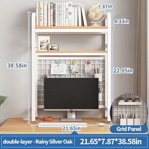 Desk Shelf Bookcase 2-Tier Metal Desktop Bookshelf Hutch with Grid Panel and DIY design possible Multipurpose Storage Organizer Display Rack for Dorm Office Home Computer Desk(White 21.7"×7.9"×38.6") - Image 3