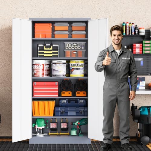 MIIIKO Metal Storage Cabinet with Locking Doors, 72" Tall Storage Cabinets with 5 Adjustable Shelves, Steel Storage Cabinets for Home Office, Garage(Gray White) - Image 2