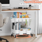 2 Tier Small Rolling Cart Metal with Wheels, White Under Desk Storage Carts - Image 2