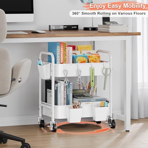 2 Tier Small Rolling Cart Metal with Wheels, White Under Desk Storage Carts - Image 2