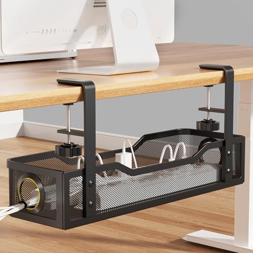 Under Desk Cable Management Large, Cinati 16" Cable Management Box for Table Thickness up to 3", Wire Cord Organizer with Clamp No Drill, No Damage to Desk (Black) by Cinati