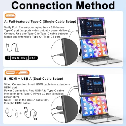 domyfan 16.1" Laptop Screen Extender, 360° Rotating Detachable Stand/VESA Support, FHD 1200P IPS Portable Monitor, Plug & Play with HDMI/USB-A/Type-C, Compatible Win/Mac/Android - Image 6