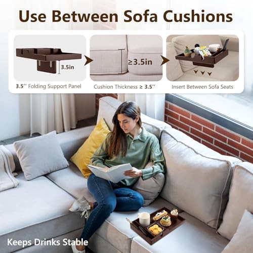 Sofa Insert Tray for Middle Seat,Bamboo Couch Table with 2 Cup Holders,Fits Armless Sofa & Sectionals,Fold-Flat Tray for Drinks,Snacks & Remotes,Brown - Image 3