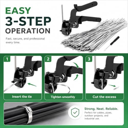 Cable Tie Gun Kit with 100Pcs 11.8" 50Pcs 9.8" 50Pcs 7.8" 304 Stainless Steel Zip Ties, Heavy Duty Wire Fence Repair Tool for Chain Link, Farm Metal Cages, Chicken Coops, Automotive Exhaust Wraps - Image 4