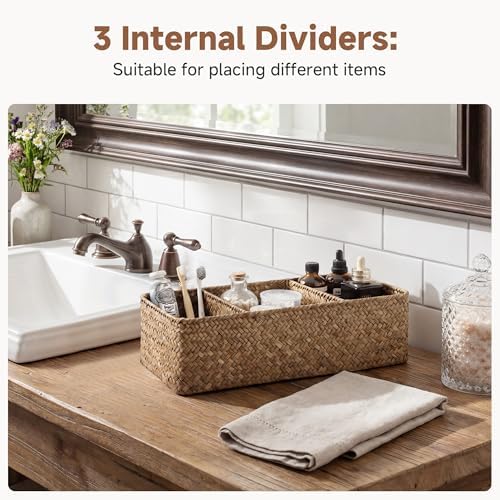 StorageWorks Toilet Paper Basket, 3-Section Toilet Tank Basket, Seagrass - Image 3