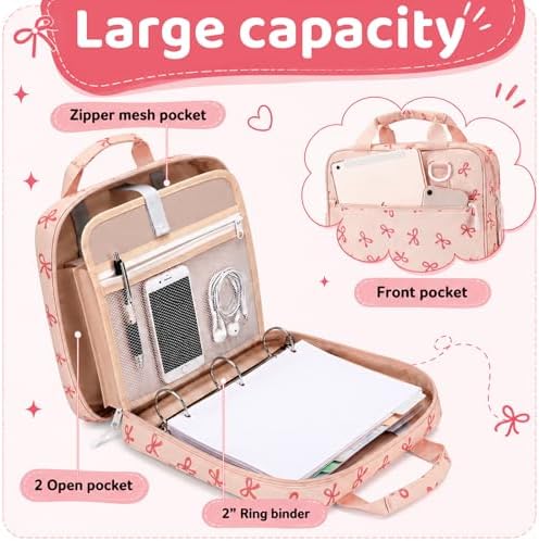 Zipper Binder Folder Keeper with Strap 2", 3 Ring, Pink, Bow - Image 3