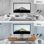 Bamboo Dual Monitor Stand, Natural Desk Shelf with 2 Drawers - Image 2