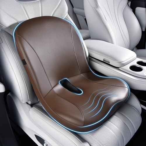 Coverado Car Seat Cushion and Lumbar Support Pillow One Piece, Napa Leather Memory Foam Ergonomic Back Support Driving Seat Cushion for Back Pain, Non-Slip Washable Cushion for Car, Driver, Office by COVERADOAUTO