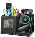 Pen Holder with Wireless Charger, Built in Digital Indoor Thermometer and Humidity Monitor, Multi-Functional Desktop Organizer for Home, School, Office Supply, Midnight Black by Investme