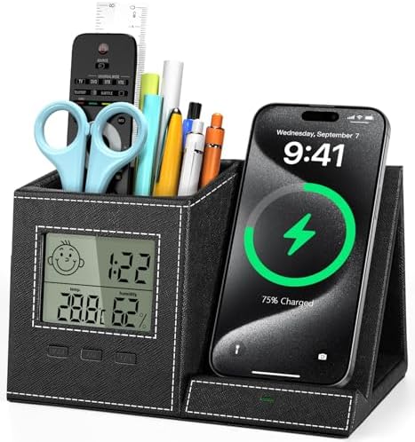 Pen Holder with Wireless Charger, Built in Digital Indoor Thermometer and Humidity Monitor, Multi-Functional Desktop Organizer for Home, School, Office Supply, Midnight Black by Investme