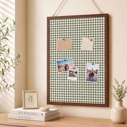Leinuosen 17" x 23" Cork Bulletin Board, Green Gingham, Wood Frame by Leinuosen