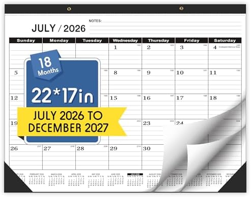 Desk Calendar 2026-2027,July 2026 to December 2027,Desk calendar 2026-2027 Large 22x17, Classroom Calendar 2027 with PVC Cover,Round Holes& NOTES List (Black),18 Months Calender 2027 by Wabhas