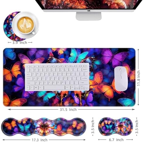 Mouse Pad,Large Desk Mat Set, 4in1 XL Mousepad + Keyboard Wrist Rest+Mouse Wrist Rest+Coaster with Ergonomic Desk Pad for Home Office Table Computer Cover -Colorful Butterfly - Image 6