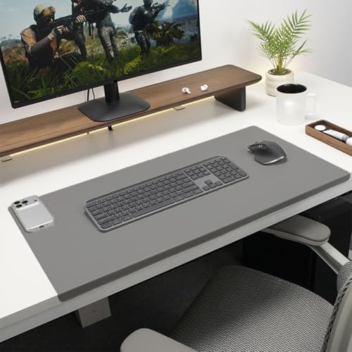 Edge-Locked Leather Desk Pad, Desk Blotter with Full Grip Fixation Lip, Waterproof Large Office Table Mat, Non-Slip Laptop Mouse Pads for Work Typing Writing (Grey,35.4"x17.7") by Unknown
