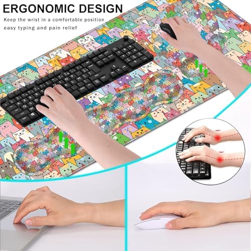 Mouse Pad,Large Pink Desk Mat, 4in1 XXL Mousepad + Keyboard Wrist Rest+Mouse Wrist Rest+Coaster Set with Ergonomic Desk Pad for Home Office Table Computer-Colorful Cats - Image 6
