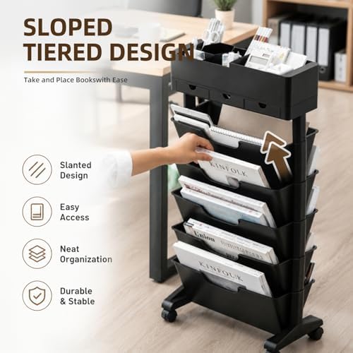 5 Tier Rolling Book Cart Multi-Functional Movable Storage Bookshelves - Image 6