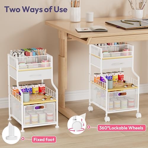 SWTYMIKI Under Desk Storage Cart- Art Storage Cart with Drawers & DIY Divider - Office Cart Organizer Under Desk Shelf, Craft Rolling Cart for Office, Craft Room & Studio White - Image 5