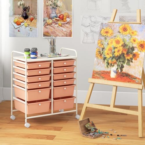 LDAILY 12 Drawer Rolling Storage Cart, Craft Cart Organizer on Wheels w/Metal Frame, Large Capacity & Smooth Drawer, Rolling Cart w/Drawers for Classroom, Office - Image 2