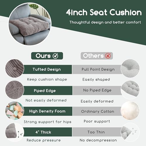 HIGOGOGO Tufted Corduroy Recliner Seat Cushion for Elderly, High Density Foam Large Square Seat Cushion for Recliner Chair, Floor Pillow, Office Chair, Car, No Pressure on Thighs, 20x20x4 - Image 4