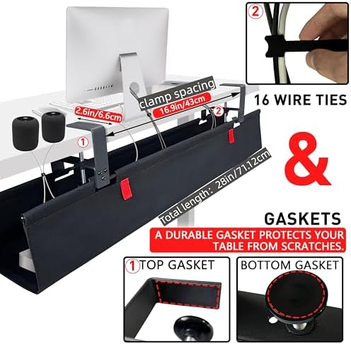 Under Desk Cable Management No Drill – 28" L x 6" W Cord Organizer, Upgraded Silicone Pads (No Scratch), 16 Cable Slots, Washable PE Honeycomb Base, Fits Desks 0–2.1" Thick, Black - Image 2