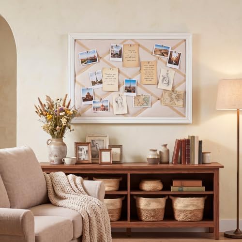 Pinkunn 18" x 24" Linen Fabric Bulletin Board with Ribbon Wall Decor, White - Image 4