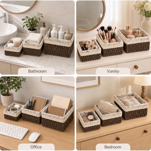 3-Piece Wicker Storage Baskets for Shelves, Storage Basket Set, Coffee - Image 4
