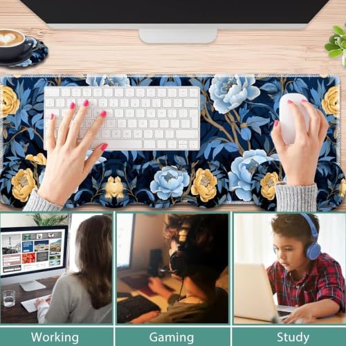 31.5"x 11.8" Oversized Gaming Mouse Pad Set, Ergonomic Keyboard and Mouse Wrist Rest + Cup Holder, Non-Slip Desktop Pad, Suitable for Home and Office Use, Blue Peony - Image 3