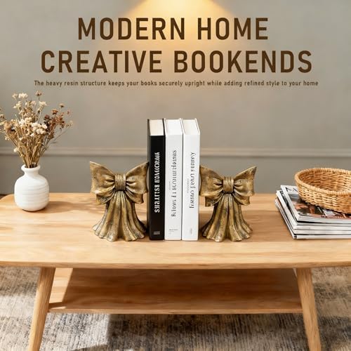 Vintage Gold Bow Book Ends Set of 2 Heavy Duty Bookends for Large & Heavy Books, Decorative Gold Bookends for Shelves, Desk & Home Office, Classic Vintage Decor Book Stoppers - Image 4