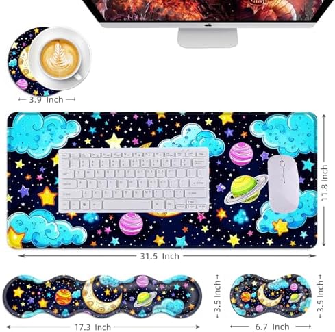 Mouse Pad,Large Desk Mat Set, 4in1 XL Mousepad + Keyboard Wrist Rest+Mouse Wrist Rest+Coaster with Ergonomic Desk Pad for Home Office Table Computer Cover -Colored Universe - Image 6