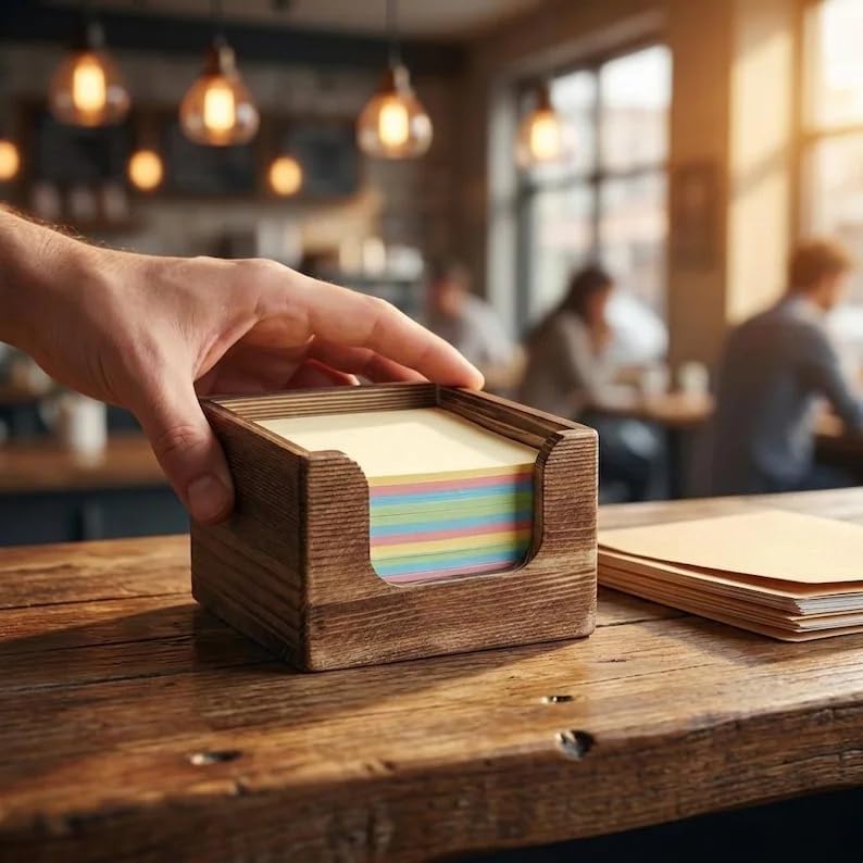 Wooden Sticky Note Holder, 3x3 Inch Cube Note Dispenser, Dark Brown Memo Pad Organizer for Home Office Desk Organization - Image 2