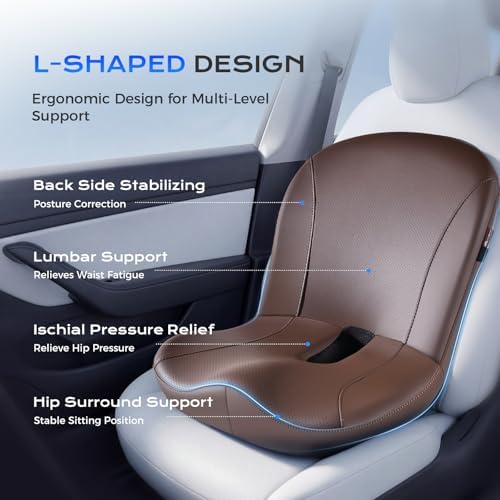 Coverado Car Seat Cushion and Lumbar Support Pillow One Piece, Napa Leather Memory Foam Ergonomic Back Support Driving Seat Cushion for Back Pain, Non-Slip Washable Cushion for Car, Driver, Office - Image 2