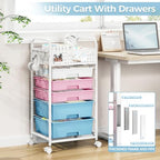 5 Drawer Rolling Storage Cart with Pegboard Top and Hooks, Pink&Blue - Image 6
