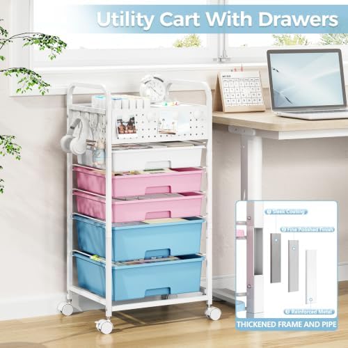 5 Drawer Rolling Storage Cart with Pegboard Top and Hooks, Pink&Blue - Image 6