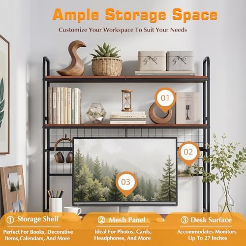 VECELO Retro Brown 2-Tier Desktop Bookshelf, Metal Desk Hutch with Grid Panel, 45.3 Inch Wide Countertop Storage Organizer for Bedroom & Dorm - Image 5