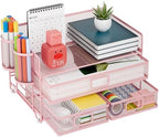 Marbrasse 3 Tier Mesh Desk Organizer with Drawer, Multi-Functional Desk Organizers and Accessories, Paper Letter Organizer with 2 Pen Holder for Home Office Supplies (Pink) by Marbrasse