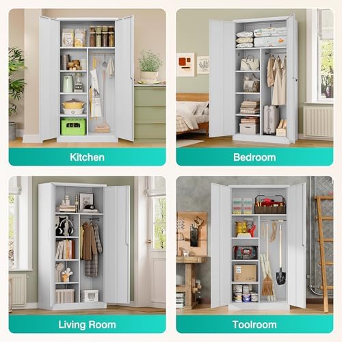 Wide & Deep Metal Storage Cabinet with Hanging Rod,White Broom Closet Storage Cabinet with Lock,72" Tall Wardrobe Cabinets with Doors and Shelves,Locking Steel Tool Cabinets for Home,Office,Garage - Image 4