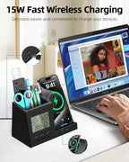 Pen Holder for Desk, Desk Organizer with Wireless Charger, Built in Digital Indoor Thermometer and Humidity Monitor, Multi-Functional Pencil Organizer for Home Office, Black Carbon Fiber - Image 2