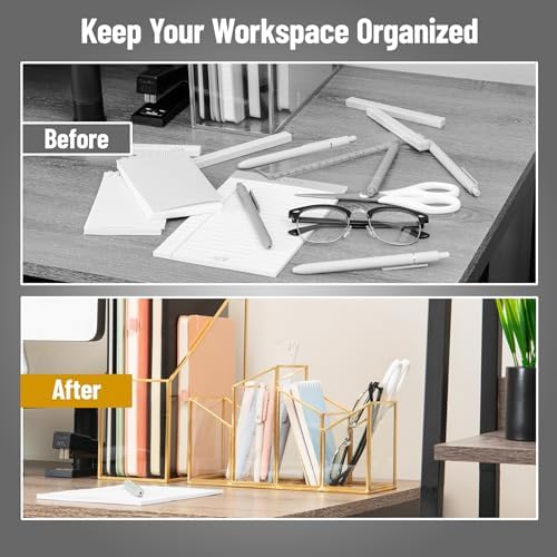 Mind Reader 4-Compartment Angled Glass Pen Holder with Copper Trim, Desktop Organizer for Office Supplies & Accessories, Glass and Copper, Clear - Image 6
