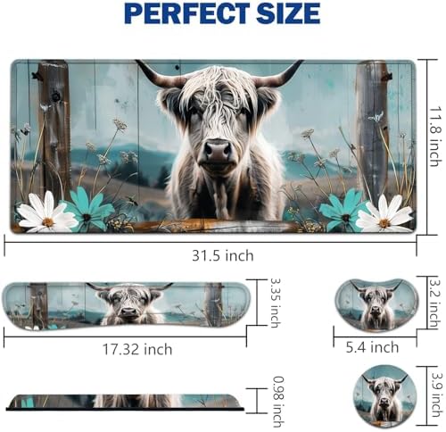 Large Mouse Pad + Keyboard Wrist Rest Set, Extended Gaming Mousepad (31.5X11.8 inch) with Non-Slip Rubber, Ergonomics Memory Foam Mouse Wrist Rest Support, Highland Cow Painting XXL Desk Pad - Image 2