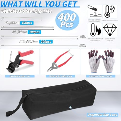400PCS Metal Zip Ties Gun Kit, 6/8/12 Inch Heavy Duty Metal Zip Ties, Multi-Purpose Self-Locking Cable Tie Tool Set for Vehicles Farms Plants Fences Pipe Bundling, Scissors - Image 2