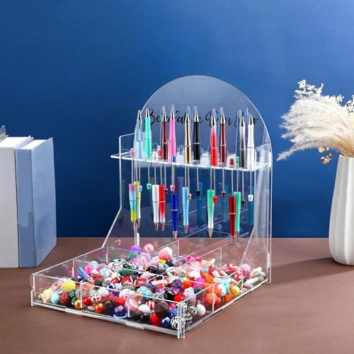 Glenmal Bead Pen Bar Holder with Sorting Tray 10 Slots Display Stand Storage Organizer with Bead 9 Grid Organizer Box Divided Storage Case for DIY Home Office (Acrylic) - Image 2