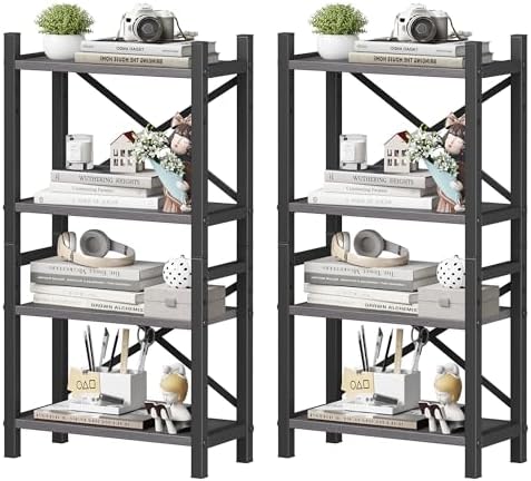 2-Pack Desktop Bookshelf, 4-Tier Stackable Narrow Bookcase, Adjustable Industrial Desk Organizer & Hutch - Rustic Brown Wood Desktop Book Organizer for Living Room, Bedroom & Home Office by Homeiju