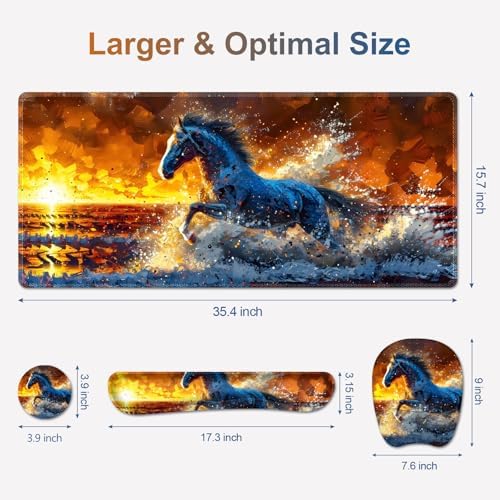 Large Mouse Pad, Keyboard Wrist Rest Set, Ergonomic Mouse Pad with Wrist Support, Desk Mat with Stitched Edges + Coaster, Extended Desk Pad Waterproof Desk Mat for Home Office Game I Running Horse - Image 7
