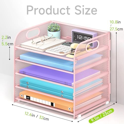 Cawukege 2 Pack 5 Tier Paper Organizer, Letter Tray with Handle, Mesh Desk Organizer, Metal File Organizer, Office Desk Accessories for Home, Office, Classroom, School (Pink, 2) - Image 5