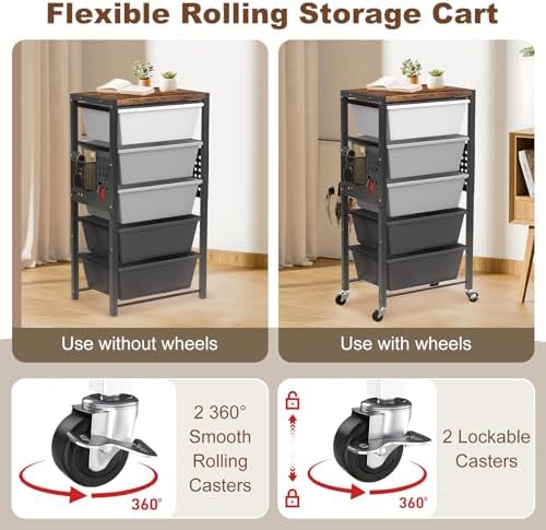 Rolling Cart with Drawers, Rolling Storage Cart with Large Plastic Drawers & Wooden Tabletop, Utility Cart with Pegboards & Basket, Storage Drawers Cart for Living Room, Classroom, Bedroom, Office - Image 3